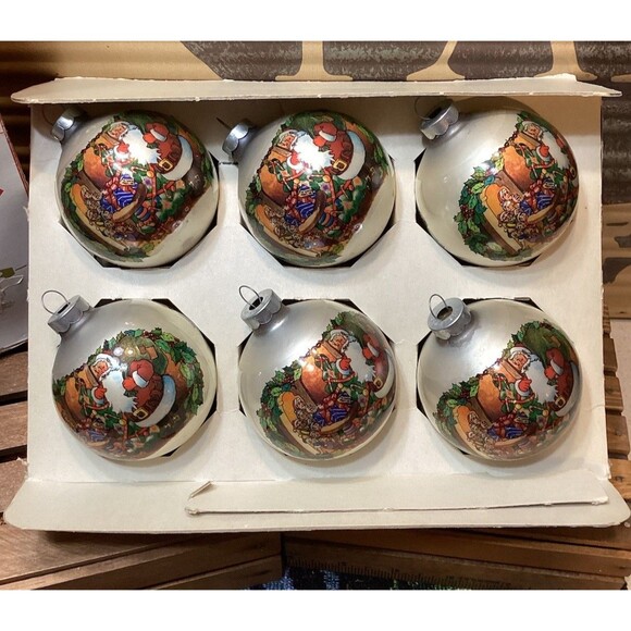 COBY Glass Shrink Wrapped Santa & Tree Scene Christmas Ball Ornament Boxed Set - Picture 1 of 16